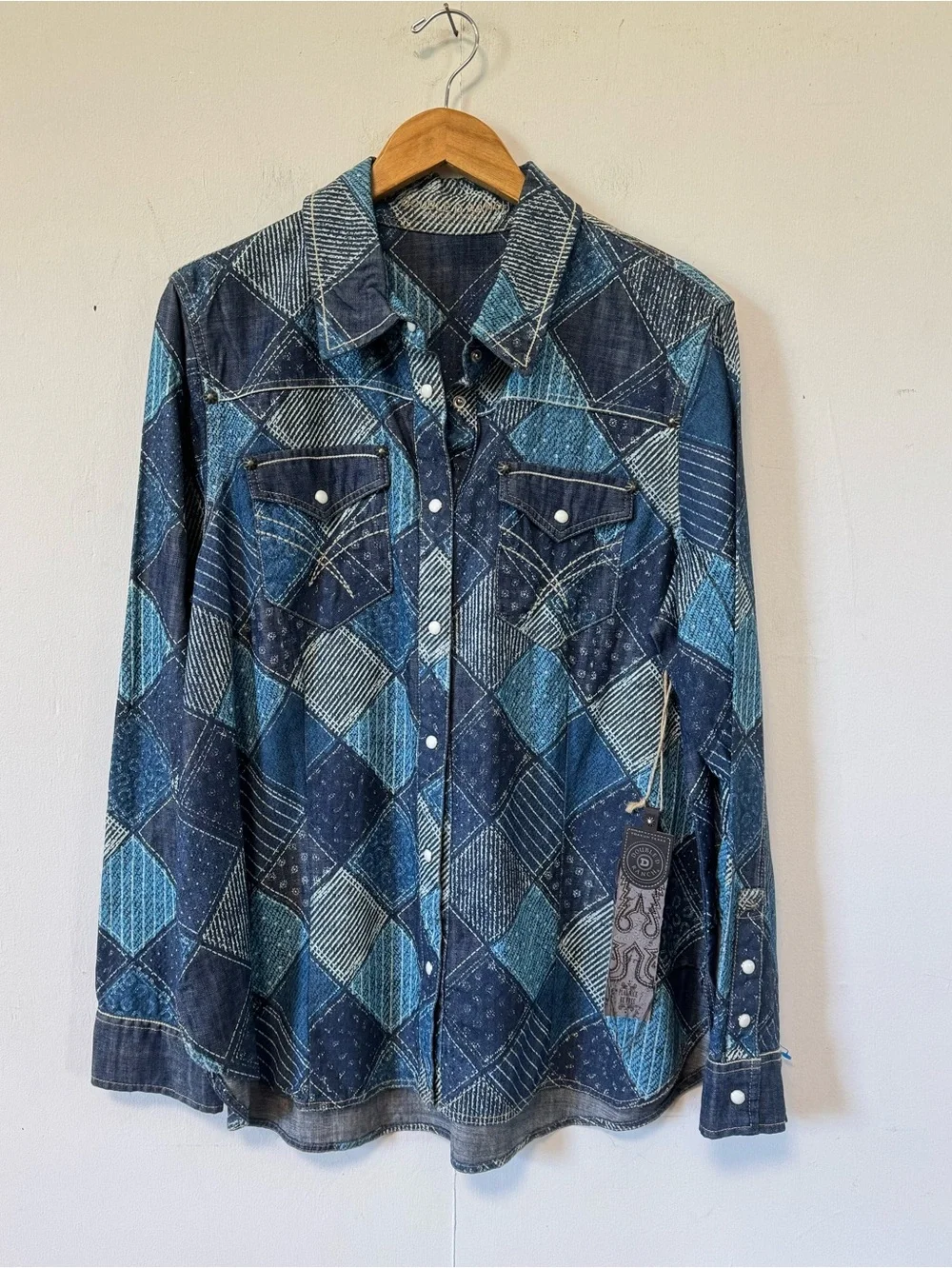 Double D Ranch Scrapbag Workshirt Patchwork Denim Shirt Pearl Snap Womens Large - Picture 10 of 10